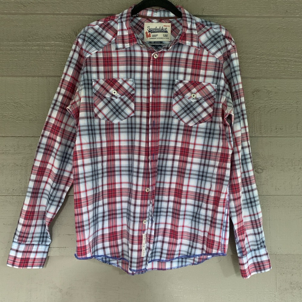 Men’s Shirt Sz M Blue & Red Plaid Long Sleeve Pockets Western Cowboy Festival